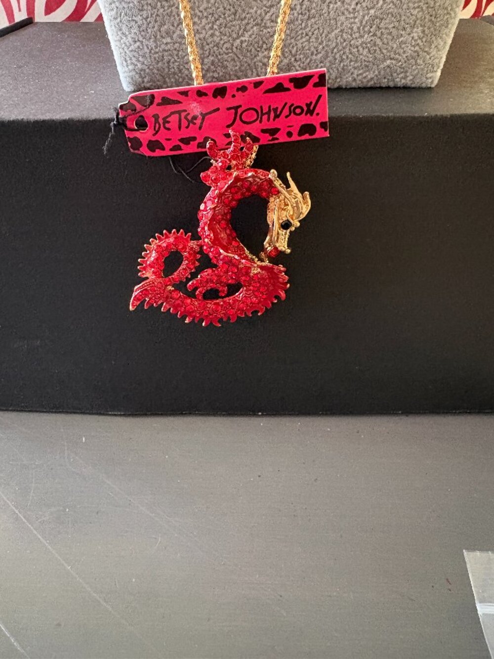 Betsey Johnson Red Crystal Coiled Dragon Statement Pendant Necklace - NOS